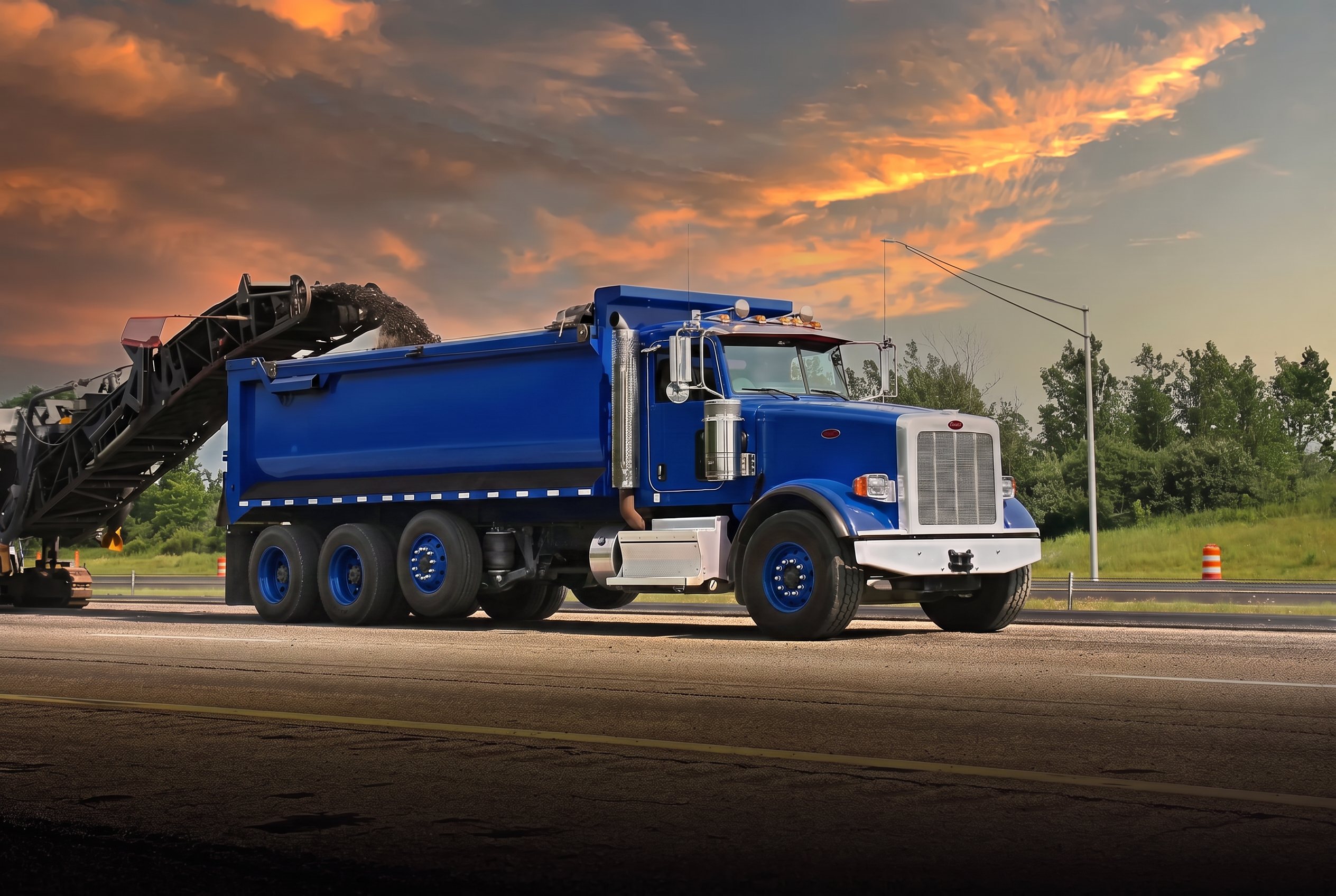 Royal blue dump truck on a highway at golden hour